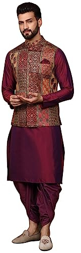 KISAH Men's Kurta, Printed Nehru Jacket & Dhoti Set - Traditional Indian Ethnic Wear for Weddings & Festive Occasions, Multicolor1, 42
