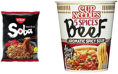 Nissin Soba Bag – Chili, 9er Pack, Wok Style Instant-Nudeln japanischer Art & Cup Noodles – 5 Spices Beef, Einzelpack, Soup Style Instant-Nudeln japanischer Art