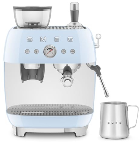 Smeg EGF03PBUK Espresso Coffee Machine with Grinder, 20 Bar Pump, 2.4L, 1650W, Pastel Blue