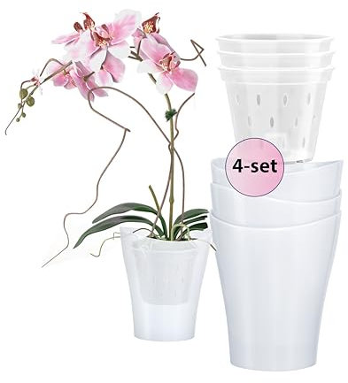 Garten lux Orchideentöpfe Weiß 4er-Set 2L Ø16 cm mit 4er-Set Orchideen Übertöpfe Drainageloch Kunststoff Transparent 1L Ø14 cm für den Innenbereich