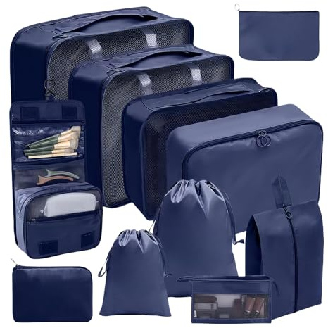 Cubi da Imballaggio per Valigia Organizer Valigie Salvaspazio Packing Cubes per Vestiti, Scarpe, Cosmetici Cubi di Imballaggio (Blu marino,11 Pcs)