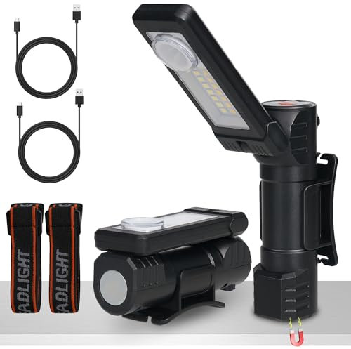 2 lampade da lavoro a LED, per officina, ricarica USB, con funzione girevole, torcia magnetica, torcia da officina, regalo per uomini, riparazione auto, campeggio, emergenza