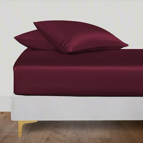 LINENWALAS King Fitted Sheet 150x200 cm, 100% Organic Bamboo Silk Bed Sheet for King Size Bed, Up to 40 cm Deep Pocket Bottom Sheet, Soft, Cooling Hypoallergenic Bedding (Burgundy)