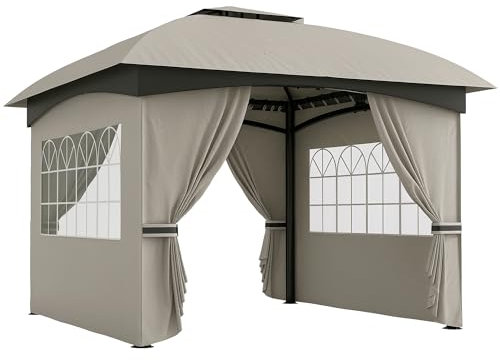 Outsunny Pavillon env. 3,4x3,4 m hydrofuge Pavillon de jardin avec 4 parties latérales, double toit, tente de réception avec protection UV Tente de jardin avec cadre métallique galvanisé, pour le