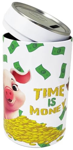 Salvadanaio Lattina Porcellino Maialino Bianco Time Is Money in Metallo Latta Apribile 12x6cm