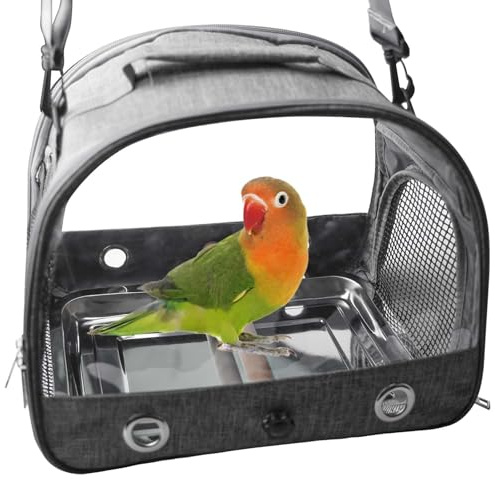Asfrode Borsa per il trasporto con asta e vassoio in acciaio inox, leggera, per il trasporto di uccelli, per pappagalli, pappagalli, parrocchetti