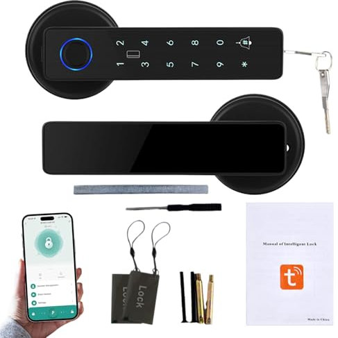 Smart Door Lock, 5-in-1 Fingerprint Door Lock,Finger Print Door Handle with APP Fingerprint IC Cards Password Backup Key, Bluetooth Automatic Smart Door Handle for Home Bedroom Hotel Office Apartment