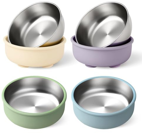 Kabwea Set di 4 piatti e ciotole a ventosa per bambini, ciotola in silicone rimovibile, ciotola in acciaio inox, piatto in acciaio per bambini, piatto con ventosa, piatto per bambini