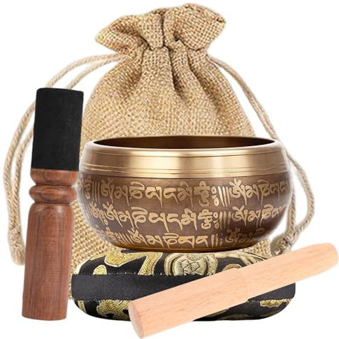 Cuenco Tibetano, Juego De Cuencos Tibetanos, Cuenco de Meditación, Set Tibetano para Meditación, con Cojín, Mazo de Madera, Hecho a Mano en Nepal, para Meditación, Yoga y Curación De Chakras, 10.5 CM