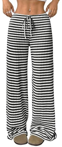 Akiooue Palazzo Wide Leg Loose Trousers for Women UK,Women's Floaty Striped Print Drawstring Long Pants Ladies Casual Baggy Trousers