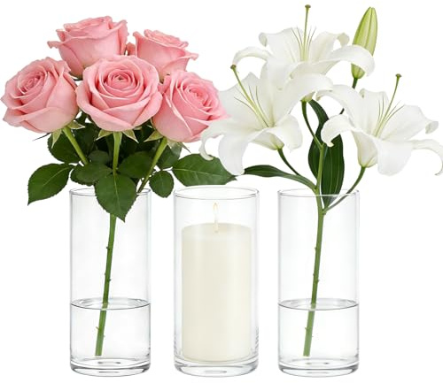 3 Vases Cylindriques en Verre Borosilicate Transparent, 8,5x15cm | Vase Decoratif, design minimaliste, pour compositions florales centre de table élégant mariage anniversaire cadeau