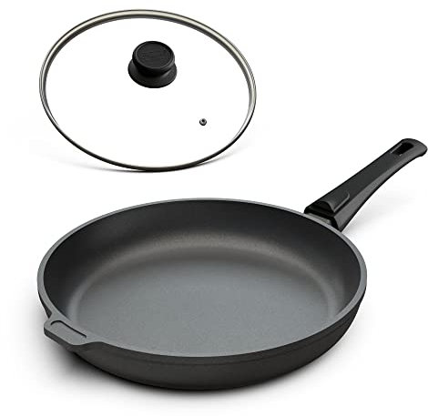 Hoffmann Extra große Aluguss Bratpfanne 32 cm mit Deckel Induktion 4,5 cm Innenhöhe I Made in Germany I Antihaft Beschichtung I Verzugsfreier Boden Induktionsgeeignet mit Glasdeckel