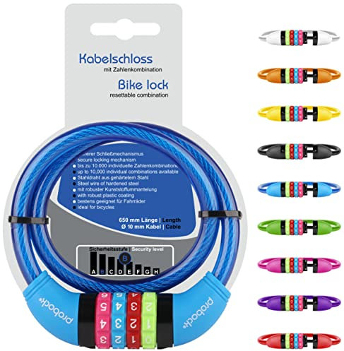 probock Fahrradschloss für Kinder Kabel-Schloss Zahlen-Code für Kinderfahrrad Laufrad -10 x 650 mm (blau)