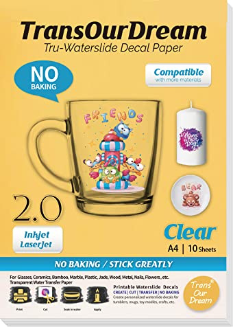 TransOurDream Tru-Waterslide Decal Paper Clear 2.0 A4 10 Sheets Printable Water Transfer Paper for Inkjet & Laser Printers,Water Slide Decals Transparent for Mugs,Tumblers, Candles，DIY Glasses