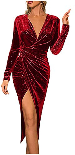 BOTCAM Balklänning dam lång prinsessa aftonklänningar elegant för bröllop glitter dam elegant V-ringad långärmad hög midja smal passform bodycon midiklänning vinterklänning sammetsklänning festlig klänning, röd, L
