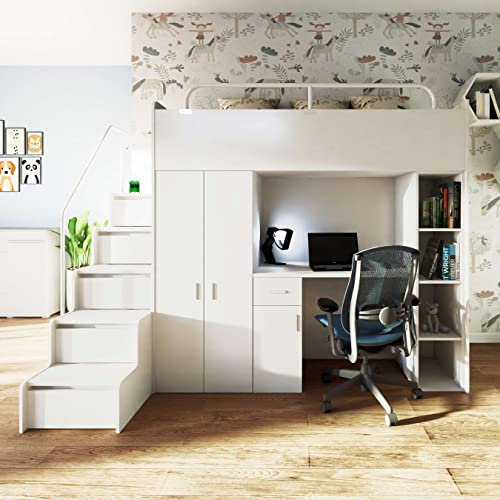Marlux-Meble Hochbett Kinderbett JSM-4 90x200 mit Kleiderschrank Schreibtisch und Treppe Matt Kinderbetten Funktionsbett Etagenbett Stockbett Kinderhochbett Jugendhochbett (Weiß Matt)