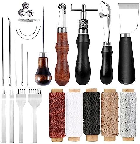 Ensemble d'outils de couture en cuir, ensemble de bricolage en cuir avec 5 couleurs de fil de cire, aiguilles à coudre, burin à trous, couteau à découper pour la couture