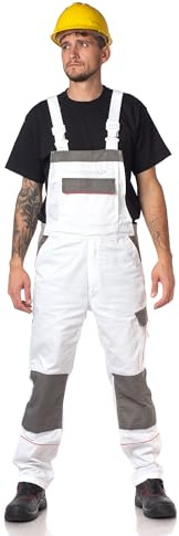 DINOZAVR Fortum Salopette De Travail Homme Avec Ceinture Élastique, Renforts CORDURA, 2 Poches Avant Et Poitrine, Poche Cargo, Renfort Genoux, Bretelles Élastiques, Salopette Homme Blanc 50
