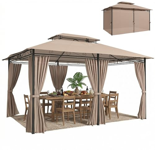 Outsunny Cenador de Jardín 3x4 m Gazebo de Exterior con Paredes Laterales Doble Techo 6 Puertas con Cremallera y 8 Orificios de Drenaje para Terraza Patio Playa Caqui