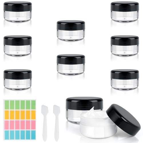 AiQInu 8 Pièces Contenant Voyage 30ml, Petit Pots Vide Cosmétiques Transparent, Pot Plastique avec 2 Spatule et 24 Étiquette, Pots Cosmétiques Vide