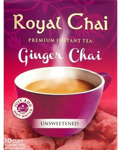 Tea Bags & Drinks with Royal Chai Ginger Chai Unsweetened (10 Cups) 200g - 1 Pack | Just Add Hot Water, Premium Instant Tea, A Comforting Blend of Warming Spices & a Creamy Texture Infused.