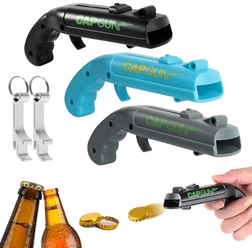 3 Stück Cap Gun mit 2 Flaschenöffner Schlüsselanhänger, Flaschenöffner Lustig, Cap Gun Flaschenöffner Pistole, Kronkorken Pistole, Firing Cap Opener, Bier Zubehör für Zuhause Bar Party