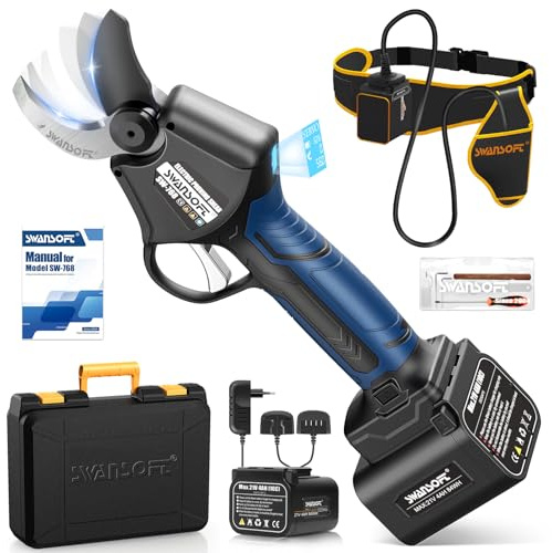 SWANSOFT Elektrisk batterisax dubbelblad – 42 mm professionell elektrisk trädgårdssax, LCD-display, 1150 W 21 V 4 Ah x 2 batterier, progressiv styrning, för vinodlingar, olivlundar och fruktträdgårdar