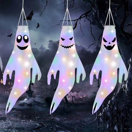 OFFCUP Halloween Ghost Windsock, 3pcs Halloween Manches à Air, Drapeau Fantôme d'halloween avec Lumières LED, Halloween Décoration à Suspendre pour Extérieur Intérieur FêTe Terrasse Pelouse (B)