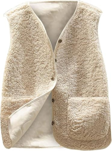 WINKEEY Chaleco Mujer sin Mangas con Bolsillos Clásico para Cómodas Cálido y Suaves Chalecos Exteriores Polar Teddy Cuello En V Elegantes para Mujer Sólido Otoño Inviern,Blanco S