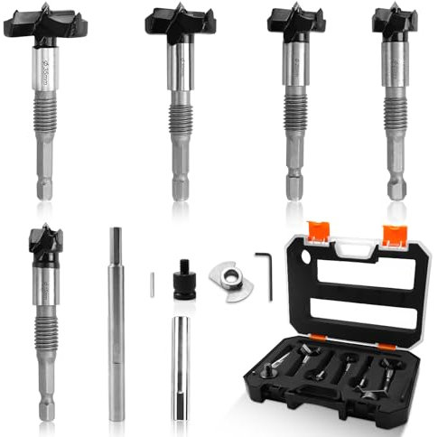 KXVXXV Forstner - Juego de brocas para madera (15/20/25/30/35 mm), broca de madera mejorada con barra de extensión, tope de profundidad M10