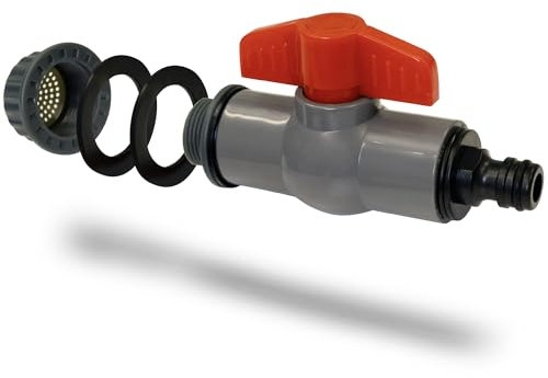 YourCasa Auslaufhahn für Regentonne mit Filter – 3/4 Zoll Wasserhahn kompatibel mit gängiger Schnellkupplung – Hahn mit Absperrfunktion für Regentonnen & Wasserbehälter Regentonnendurchführung (Grau)