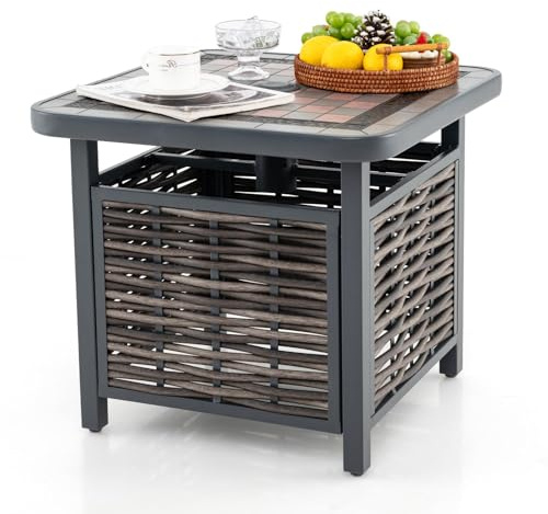 KOMFOTTEU Table d'Appoint d'Extérieur en Osier avec Trou pour Parasol | Table Basse d'Extérieur Plateau en Résine, Carrée, pour Jardin, Cour, Terrasse, 55 x 55 x 50 cm