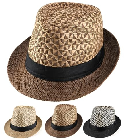 Initlove Straw Fedora Hat for Men Short Brimmed Panama Trilby Hat Coffee