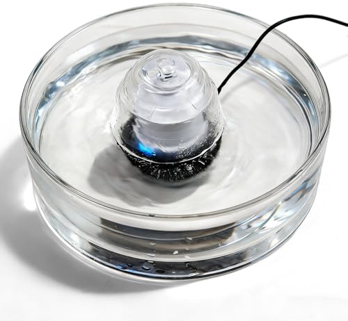 Glass Cat Water Fountain, 90oz/2.7L Automatic Pet Fountain with Quiet Pump | Visible water level, multi-stage filtration, easy disassembly, low-profile round bowl, and included filter, pump, and adapter