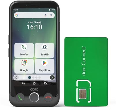 DORO – Smartphone Doro Aurora A11 med SIM-kort – Seniortelefon – Lätt att Använda – Trygghetsknapp med GPS-Positionering – Kompatibel med Hörapparater – USB-Kabel Ingår – Grafit