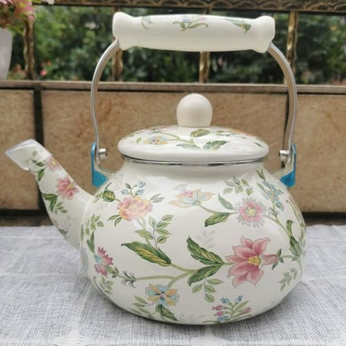 Bollitore da tè smaltato vintage, teiera smaltata floreale, teiera in porcellana smaltata con fischio, teiera turca per acqua calda con manico freddo, per piano cottura da cucina