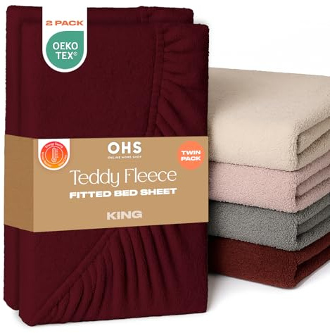 Brentfords 2 Pack King Size Bed Sheet, Soft Warm Thermal Teddy Fleece Fitted Sheet Deep Pocket 25cm Fade Resistant Cuddly Cosy Fluffy Teddy Bear Bedding King Size 2 Pack, Burgundy