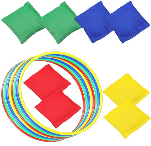 TOGEVAL Jeu de Lancer D'anneaux en Plastique 16 Pièces pour Garçon et Filles 8 Anneaux Coniques 18 Cm 8 Paquet de Grains 7,7 Cm Coordination Œil-Main, Jeux Extérieur, Activités Ludiques