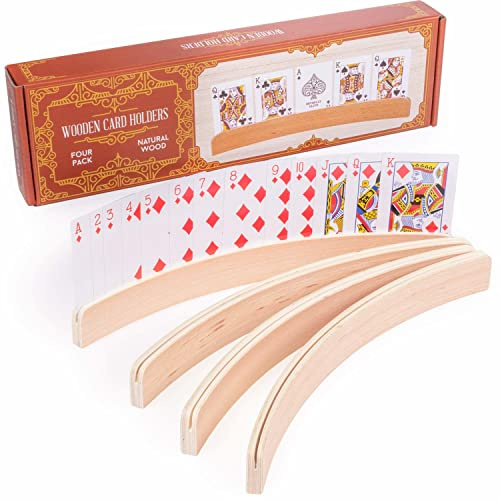 4-pack Premium Wooden Card Holders | Holds Up to 20 Cards Hands-free | Curved Wood Playing Card Organizer for Adults, Kids, & Seniors | Board Game & Card Game Accessories for Little Hands & Arthritis