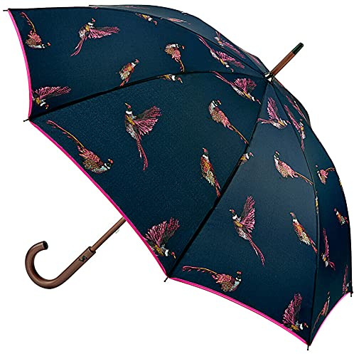 Joules Pheasant Pink & Navy Kensington Wooden Crook Handle Walking Umbrella