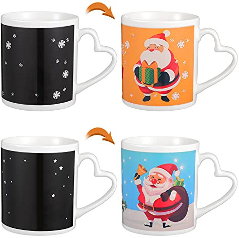 Set of 2 Christmas Colour Changing Mugs, 12oz Heat Sensitive Magic Coffee Cup with Heart Handle, Ceramic Xmas Tea Cups Featuring Santa Snowman, Secret Santa Present for Couples