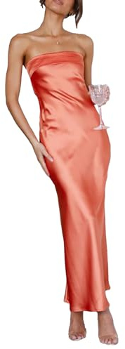 xxxiticat Vestido largo de satén para mujer, sexy, sin espalda, corte formal, boda, invitado de noche, fiesta, naranja, S