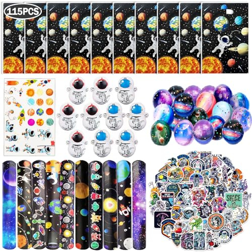 Seamart Espacio Regalos para Fiestas de Cumpleaños, 115 pcs Piezas Favores para Fiesta Planet, Regalos de Cumpleaños, Pulseras, Tatuaje Adhesivo, Pegatinas, Galaxy Bouncy Balls