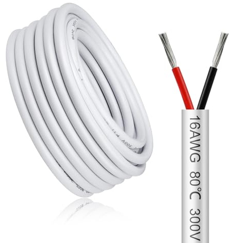 50 Meter 16AWG 2x1,5mm² Elektrischer Kabel, 2 Adriges Kabel 5V/12V/24V/300V Weiß Verzinntes Kupferkabel, Flexibel und Weich Niedrige Impedanz Hohe Temperaturbeständigkeit Verlängerungskabel