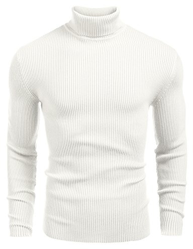COOFANDY Suéter de Punto con Cuello Alto para Hombre Suéter Informal de Manga Larga y Delgado para Hombre B-Blanco L
