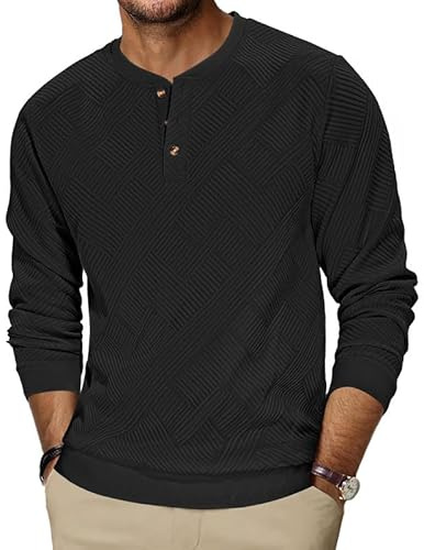 TARAINYA Henley Sweatshirts Homme Coton Sweat sans Capuche Manches Longues Noir L