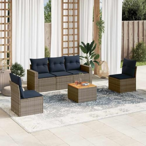 Tonture Ensemble de 6 canapés de jardin gris en rotin synthétique avec espace de rangement, plateau de table en bois d'acacia, résistant aux UV, groupe de sièges d'extérieur modulaire pour terrasse