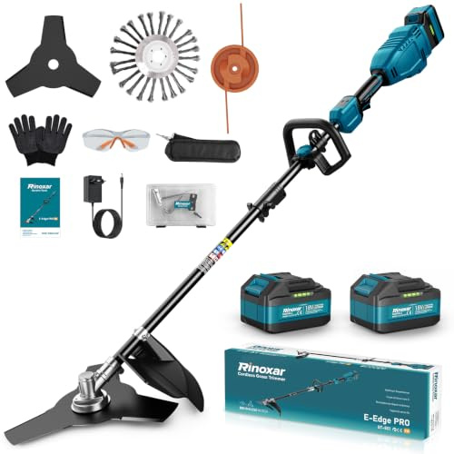 Decespugliatore a Batteria, Tagliabordi a Batteria 26 cm con Motore Anteriore Brushless, 2 x 5200mAh, 8000/12000 Giri/min, 3 Lame, Asta Regolabile, per Prato, Erba Alta, Bordi e Giardino
