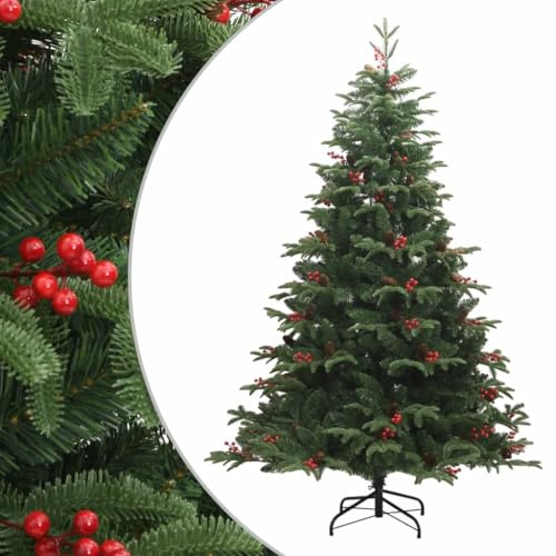 sephironlbb Konstgjord julgran, vikbar 210 cm med kottar och bär, naturtrogen gran med PE-spetsar, stabilt järnstativ, dekorerad för vardagsrum och inomhus advent