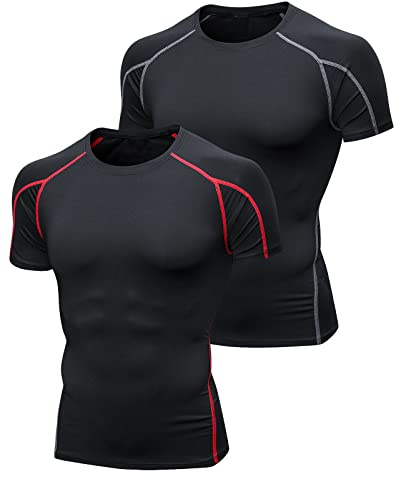 Niksa 2 Pack Short Sleeve Sports T-Shirts Mens,Compression Clothing Running Shirts Base Layers Top,Fitness Athletic Training Workout Gym Clothes for Men (S, Black Gray&Black Red)